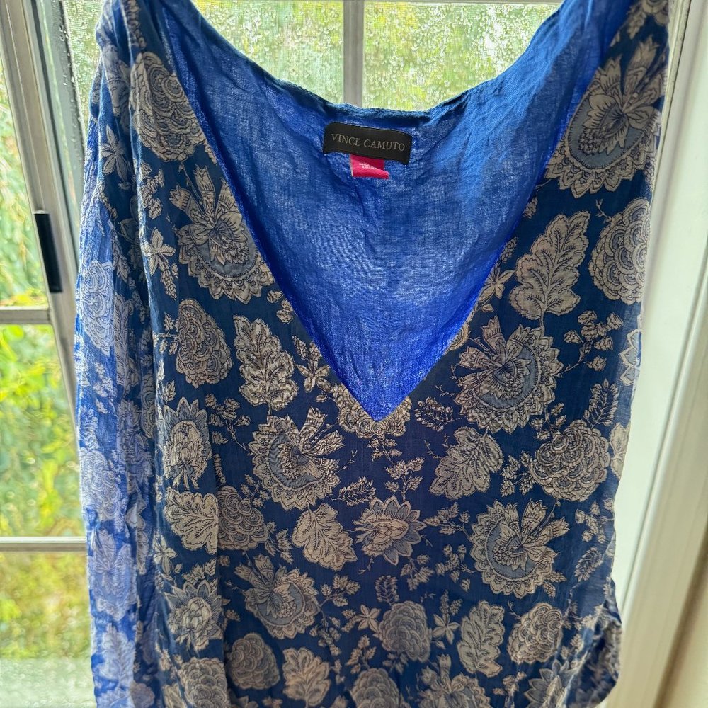 Vince Camuto Peplum V-Neck Floral Blue White Sheer Sleeve Lined Blouse NWT XL